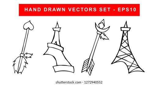 Hand Drawn Vector Illustration Set of Black Arrow With Feathers and Paris Eiffel Tower