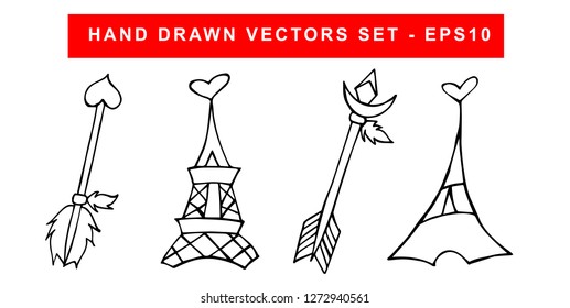 Hand Drawn Vector Illustration Set of Black Arrow With Feathers and Paris Eiffel Tower