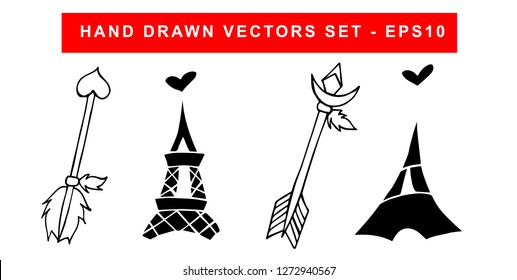 Hand Drawn Vector Illustration Set of Black Arrow With Feathers and Paris Eiffel Tower