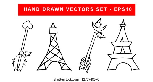 Hand Drawn Vector Illustration Set of Black Arrow With Feathers and Paris Eiffel Tower