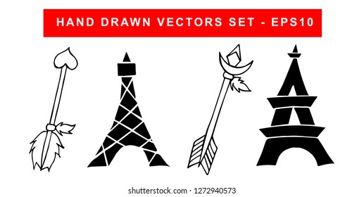 Hand Drawn Vector Illustration Set of Black Arrow With Feathers and Paris Eiffel Tower