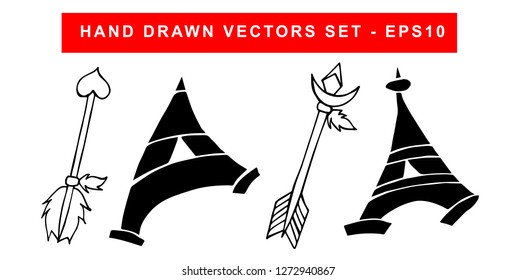 Hand Drawn Vector Illustration Set of Black Arrow With Feathers and Paris Eiffel Tower