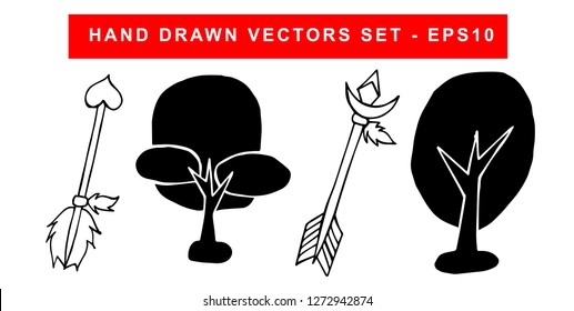 Hand Drawn Vector Illustration Set of Black Arrow With Feathers and Trees