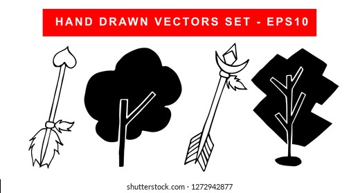 Hand Drawn Vector Illustration Set of Black Arrow With Feathers and Trees