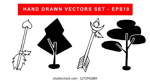 Hand Drawn Vector Illustration Set of Black Arrow With Feathers and Trees