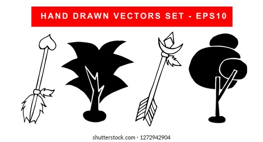 Hand Drawn Vector Illustration Set of Black Arrow With Feathers and Trees