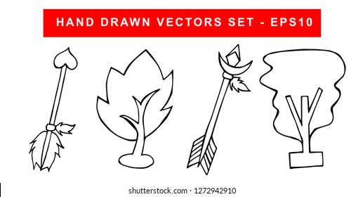 Hand Drawn Vector Illustration Set of Black Arrow With Feathers and Trees