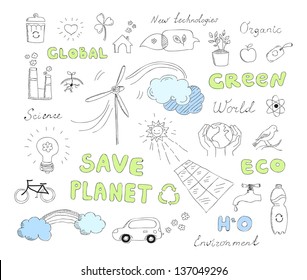 Hand drawn vector illustration set of ecology and alternative energy doodles elements. Isolated on white background