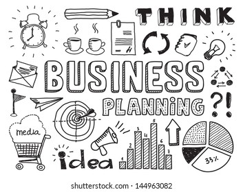 Hand drawn vector illustration set of business planning doodles elements. Isolated on white background