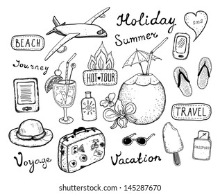 Hand drawn vector illustration set of travel, tourism and summer doodles elements. Isolated on white background