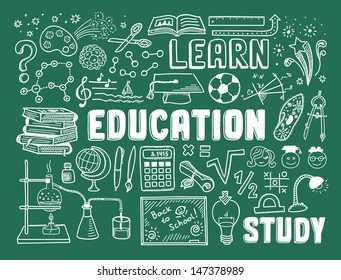 Hand drawn vector illustration set of education and learning doodles with school objects and items. Isolated on green background