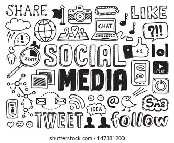 Hand drawn vector illustration set of social media sign and symbol doodles elements. Isolated on white background
