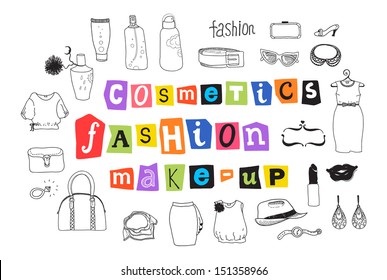 Hand drawn vector illustration set of fashion, woman clothes and makeup doodles elements. Isolated on white background