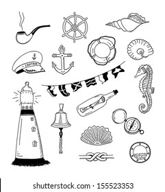 Hand drawn vector illustration set of different sea and sailor doodles objects. Isolated on white background