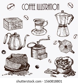 Hand drawn vector illustration set with branch, coffee beans, cup, bag.