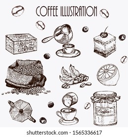 Hand drawn vector illustration set with branch, coffee beans, cup, bag.