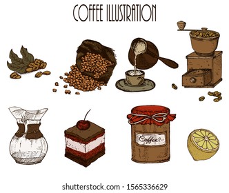 Hand drawn vector illustration set with branch, coffee beans, cup, bag, lemon.