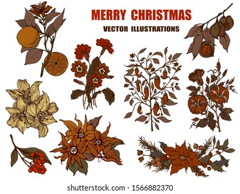 Hand drawn vector illustration set with branch, flowers.