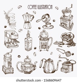 Hand drawn vector illustration set with coffee beans, cup, machine, branch.