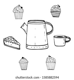 Hand drawn vector illustration. Set with teapot, mug, cupcakes, cake. 
Black lines, sketch, Doodle, on white background. For decoration of the menu of restaurants and cafes, coffee shops.