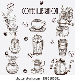 Hand drawn vector illustration set with coffee beans, cup, teapot