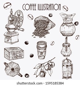 Hand drawn vector illustration set with coffee beans, cup, teapot, bag