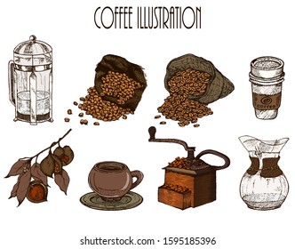 Hand drawn vector illustration set with coffee beans, cup, teapot, bag
