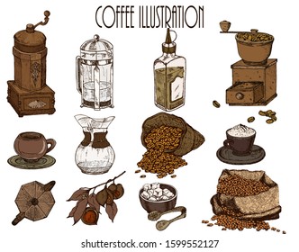 Hand drawn vector illustration set with coffee beans, cup, bag, branch