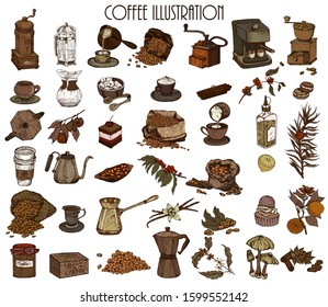 Hand drawn vector illustration set with coffee beans, cup, bag, branch