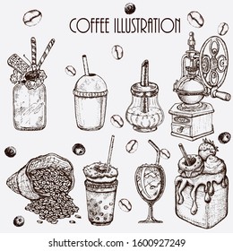 Hand drawn vector illustration set with coffee beans, cup, bag