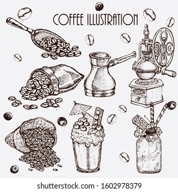 Hand drawn vector illustration set with coffee beans, cup, bag, spoon