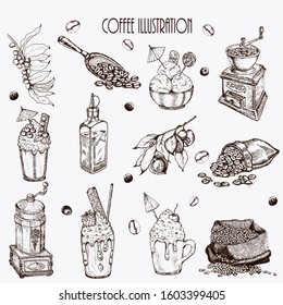 Hand drawn vector illustration set with coffee beans, cup, bag, spoon