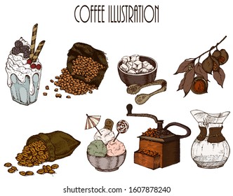 Hand drawn vector illustration set with coffee beans, cup, bag, sugar