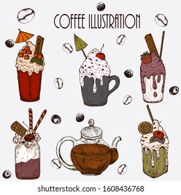 Hand drawn vector illustration set with coffee beans, dessert,