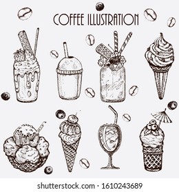 Hand drawn vector illustration set with coffee beans, dessert