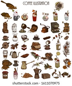 Hand drawn vector illustration set with coffee beans, dessert, bag, branch, spoon, teapot, cups