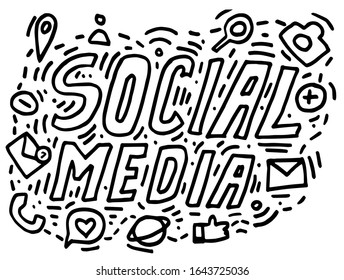 Ilustración vectorial dibujada a mano conjunto de señales de medios sociales y mensaje de símbolo, punto, teléfono, planeta, carta, cámara. trazo negro grueso. estilo doodle. Aislado sobre fondo blanco. 