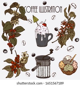 Hand drawn vector illustration set with coffee maker, beans, branch
