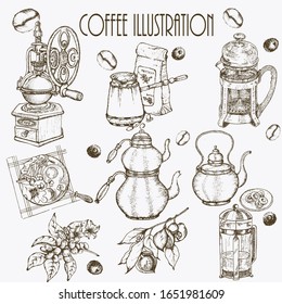 Ilustración vectorial dibujada a mano con cafetera, frijoles, rama, bolsa, vidrio, tetera