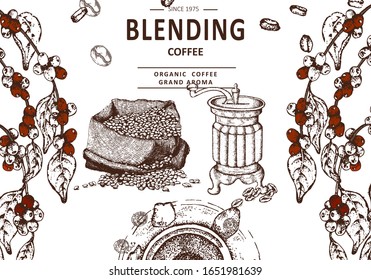 Hand drawn vector illustration set with coffee maker, beans, branch, bag