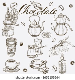 Hand drawn vector illustration set with coffee maker, beans, branch, glass, teapot