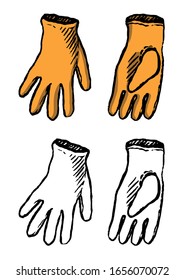  Ilustración vectorial dibujada a mano. Conjunto de planos de contorno y color aislados en blanco. Guantes de jardín. Elementos de doodles para diseño, tarjetas, impresiones, afiches. Vintage, grabado, boceto, estilo realista