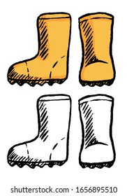 Hand drawn vector illustration. Set of contour and color drawings isolated on white. Cute rubber boots. Doodles elements for design, cards, prints, poster. Vintage, engraving, sketch, realistic style.