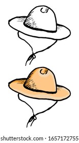 Hand drawn vector illustration. Set of contour and color drawings isolated on white. Cute straw hat. Doodles elements for design, cards, prints, posters. Vintage, engraving, sketch in realistic style.