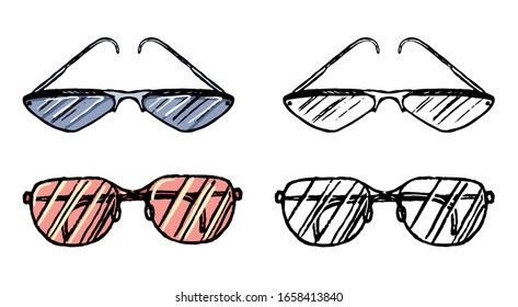 Ilustración vectorial dibujada a mano. Conjunto de planos de contorno y color aislados en blanco. Lentes de sol de moda de verano. Elemento Doodles para diseño, tarjeta, impresión, afiche. Diseño de boceto, dibujo y estilo realista