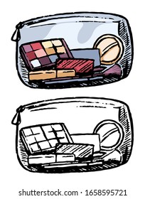 Hand drawn vector illustration. Set of contour and color drawings isolated on white. Cute cosmetic bag. Doodles element for design, cards, print, poster. Vintage, engraving, sketch in realistic style.