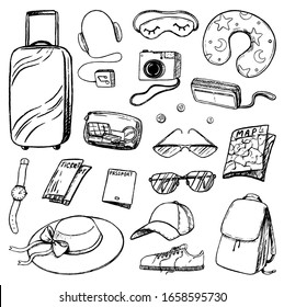 Hand drawn vector illustration. Set of travel attributes and tourism accessories. Baggage for the trip. Vacation, travel theme collection in sketch style. Black ink outline elements isolated in white.