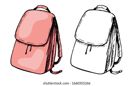   Ilustración vectorial dibujada a mano. Conjunto de planos de contorno y color aislados en blanco. Montada mochila. Elemento Doodles para diseño, tarjeta, impresión, afiche. Pintura, grabado, boceto en estilo realista