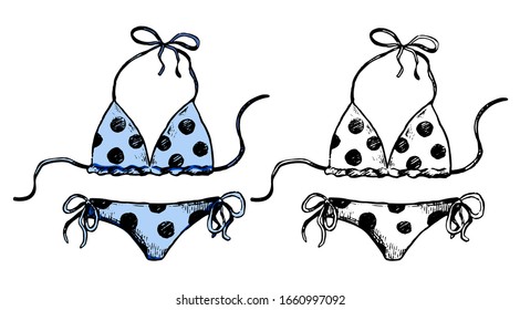 Hand drawn vector illustration. Set of contour and color drawing isolated on white. Polka Dot Bikini Swimsuit. Doodles element for design, card, print, sticker. Vintage, ink sketch, realistic style.