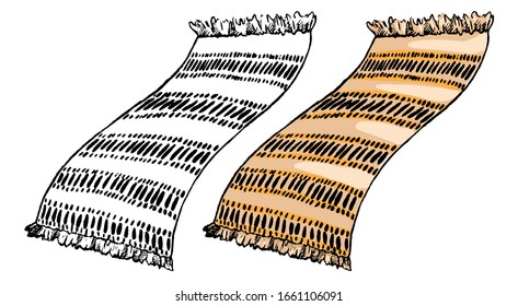 Hand drawn vector illustration. Set of contour and color drawing isolated on white. Beach mat or towel. Vacation accessories. Doodles element for design, prints. Vintage, ink sketch, realistic style.